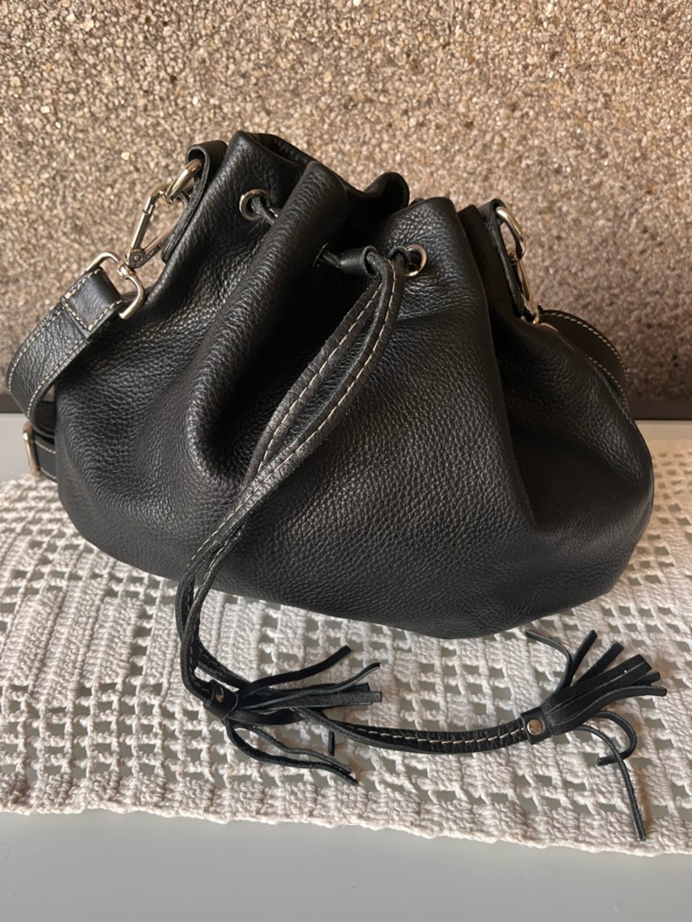 Roots Black Pebbled Leather Drawstring Hobo